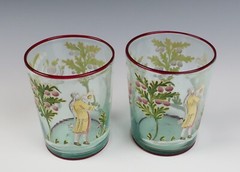 Pair Blown Enameled Glass Tumbler Cup Figures Fruit Rose German Venetian Antique
