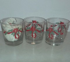 3 Anchor Hocking Poinsettia and Holly Ribbon Drink Glasses Christmas Barware 9oz