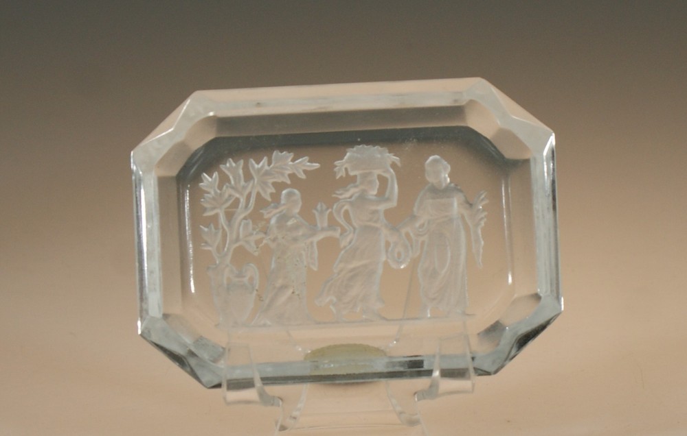 Crystal Octagonal Czech Glass Classical Scene Intaglio Salt Dip Label c.1930
