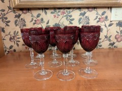 11-VINTAGE ANTIQUE RUBY RED CRISTAL D’ARQUES WATER GOBLETS CLEAR STEM