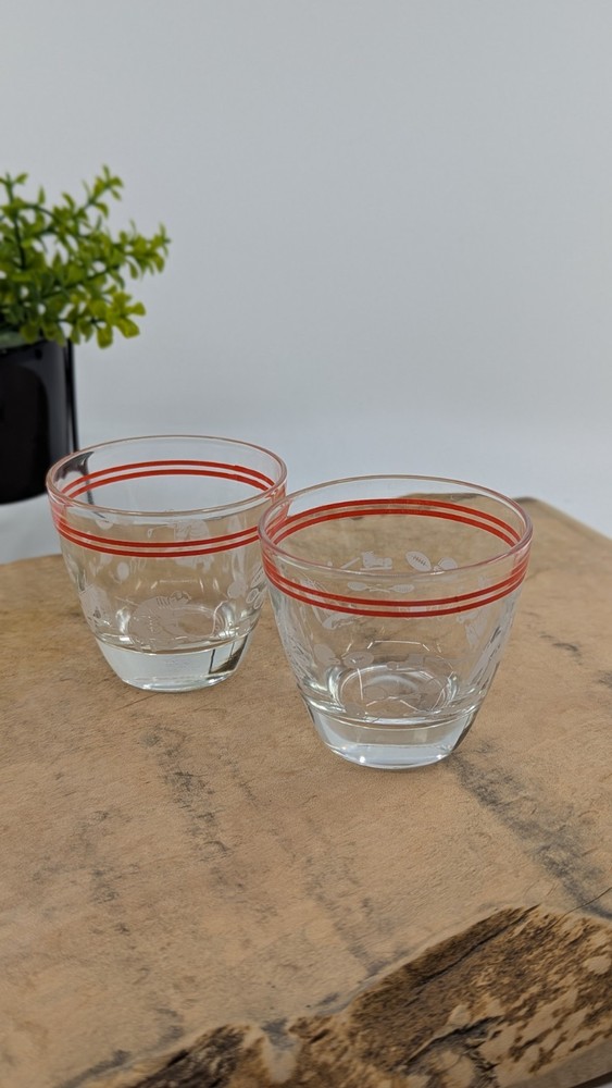 Pr. Vtg 1950’s Hazel Atlas Small Rocks Bar Glass w/ Red Stripes, Sports Themed