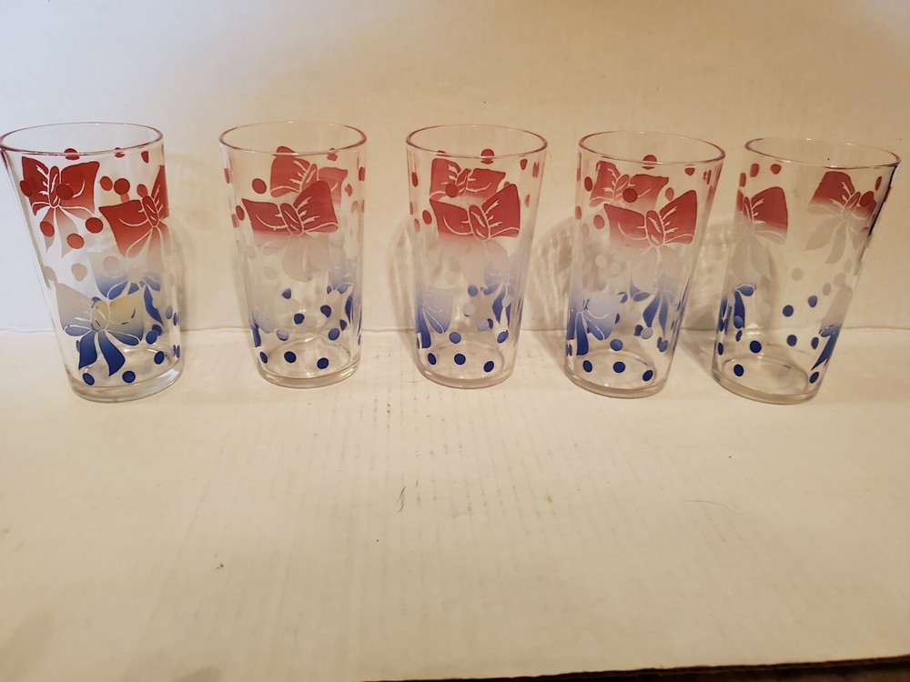 Set of 5 Federal Glasses Tumbler Red White Blue Bows Dots 4 ¾” Tall Mid Century