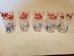 Set of 5 Federal Glasses Tumbler Red White Blue Bows Dots 4 ¾” Tall Mid Century