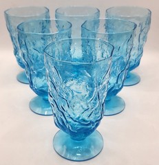 Set 6 Seneca Driftwood Peacock Blue Footed Water Goblets Crinkle Glass 5.5″
