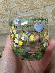 4 Vintage Godinger Hand Painted Stemless Wine Glasses Signed Florals Butterflies