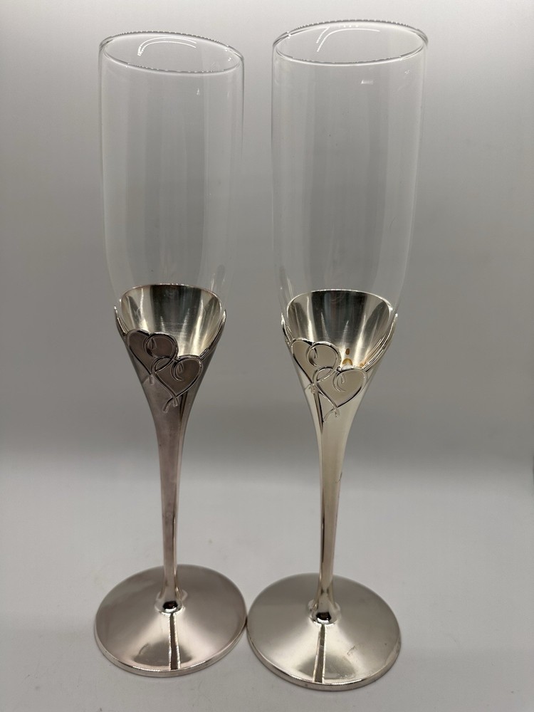 Lenox True Love Champagne Glass Flute Pair Silver Plated Double Heart