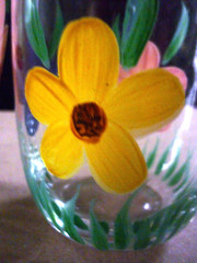 Tumble Up Hand Painted Pitcher Carafe Flowers Butterfly Clear Glass Vintage