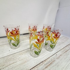 Set of 5 Vintage Juice Glasses, Red Yellow & Green Floral, Retro