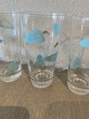 Vintage Federal Set 5 Atomic Amoeba Highball Tumblers Glasses Turquoise Gold MCM