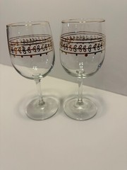 2 Wine Glasses Hand painted Gold Festive 7 1/2 inches beautiful scrolling