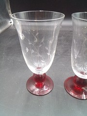 Clear Flower etched Glasses with Red Ball Stem & Foot Ice Tea Glasses/ Set of 4