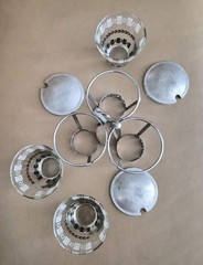 Mid-Century Glass & Aluminum Vintage Condiment 3 Glasses Set w/ Caddy & Lids