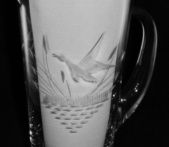 Vintage Intaglio Cut Duck Cattails glass Beer or Cocktail Mixer Pitcher Hunting