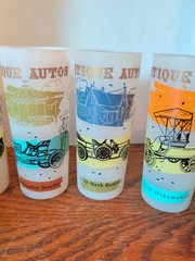 Vintage Antique Autos Frosted Drinking Glasses Set of 7 Classic Cars Tumblers