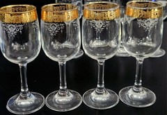 Cellini 24K GOLD Trim Etched Blown Crystal Wine Glasses Set of 4 Italy