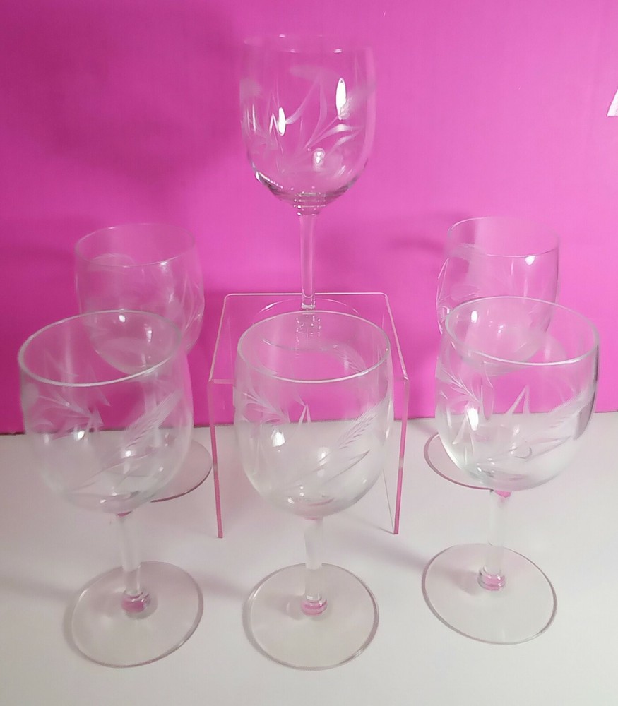 Lot of 6 ~ Cut Glass Foxtail Tiger Cat Tail Wheat Grass Vintage Wine Glasses EUC