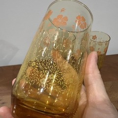 Vintage Amber and Floral Juice Glass Water Glasses Set of 3