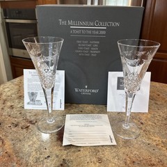 2 Waterford Crystal Millennium Champagne Flutes Peace Cut Dove 9.25″ Boxed Set