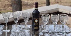 6 Mis-Matched Etched Wine Glasses ~ Water Goblets, Fostoria 1898-1920