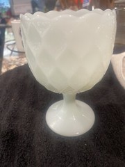 Pedelstal Diamond Pattern Milk Glass Goblet Mid Century Modern About 6 inch tall