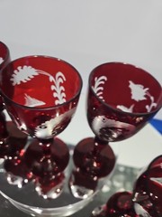 (5) WINE glasses Goblets 5″, bohemian Ruby red flashed & engraved cut to clear