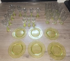 32 Piece Tiffin Etched Vaseline Glass Dinner Set – Lime Green Ribbed Stems RARE