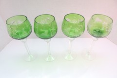 SET 4 BOHEMIAN CZECH CUT TO CLEAR Hock Wine GLASSES Goblets Emerald Green 8.25″