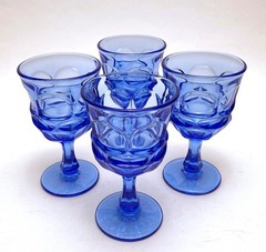 FOUR (4) FOSTORIA ARGUS BLUE HFM EMBOSSED WATER/WINE GOBLETS GLASSES MID CENTURY