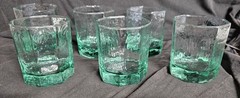 Vintage Libbey Facets Green Octagon Rocks Glasses Set of 6 Lowball Crinkle 1970s