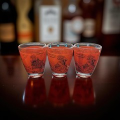 Vtg 3pc Set FRANCE Toile Red Black Asia Japanese Scene Shot Glasses Tumblers MCM