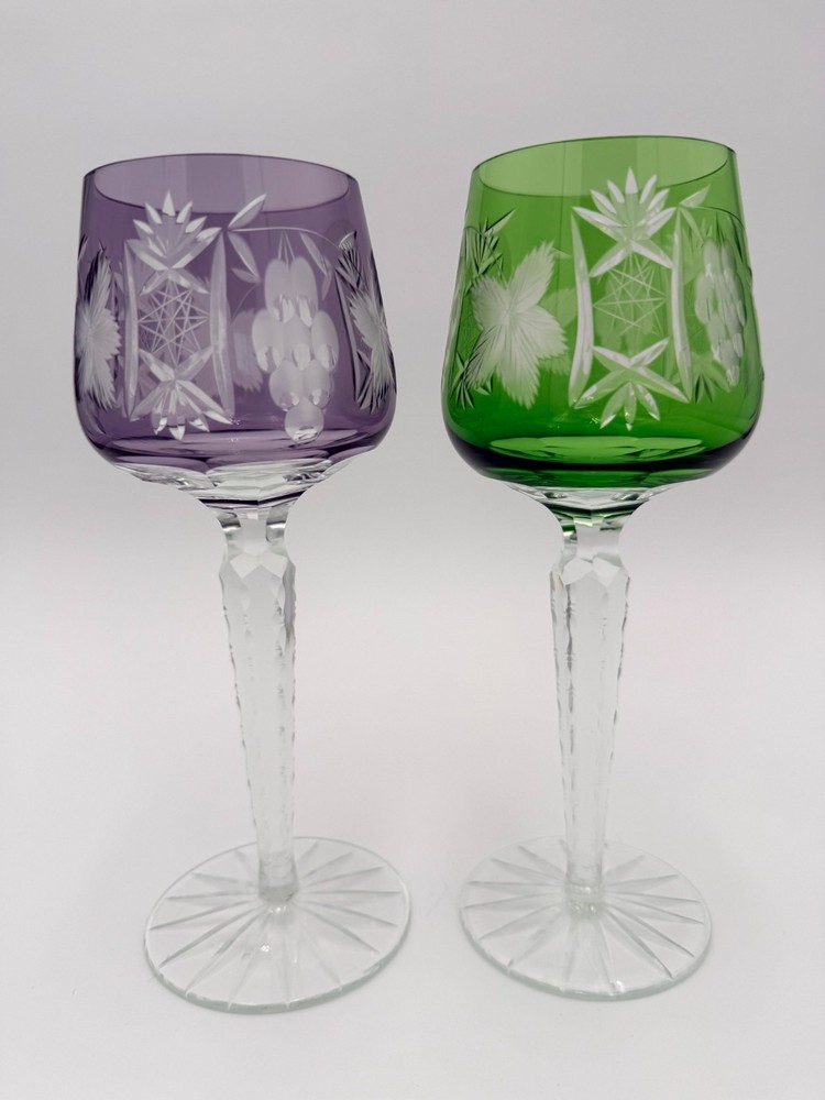VINTAGE Nachtmann Traube Cut to Clear Crystal Wine Glasses Purple Green