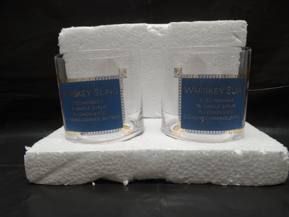 Set of 2 Whiskey Sling On the Rocks Cocktail Glasses with the Recipe Barware NWT