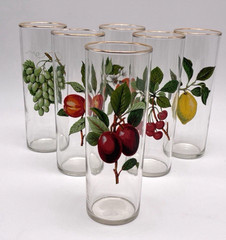 Vtg West Virginia Glass 6 Pc Set Fruit Gold Band Glasses