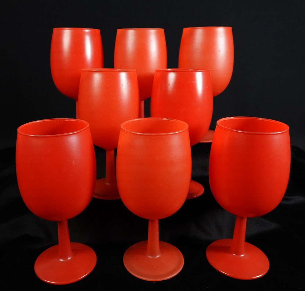 8 Vintage MCM Orange/Red Frosted Matte Goblets Blendo Style By Rainbow Glass