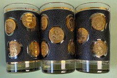 Vintage 1970’s Gold Coin Black Glass MCM Libbey SET OF 4 High Ball Tumblers 10oz