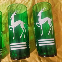 Hazel Atlas Green Gazelle Collins Glasses Set of 7 Vintage MCM Highball Barware