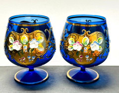 Vintage 2 Bohemian Cobalt Blue Gold Art Glass Goblet Czech Raised Enamel Flowers
