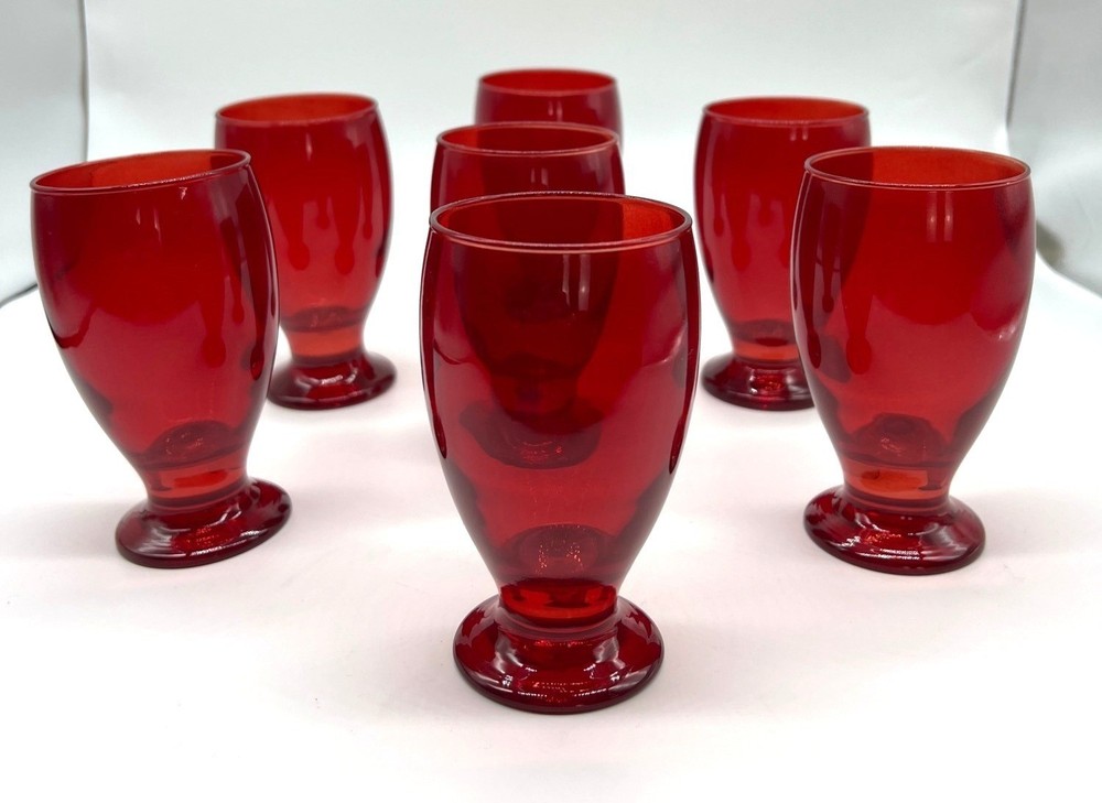 Vintage Ruby Red Liqueur Cordial Juice Glasses Set of 7 Tumblers 4″ Tall
