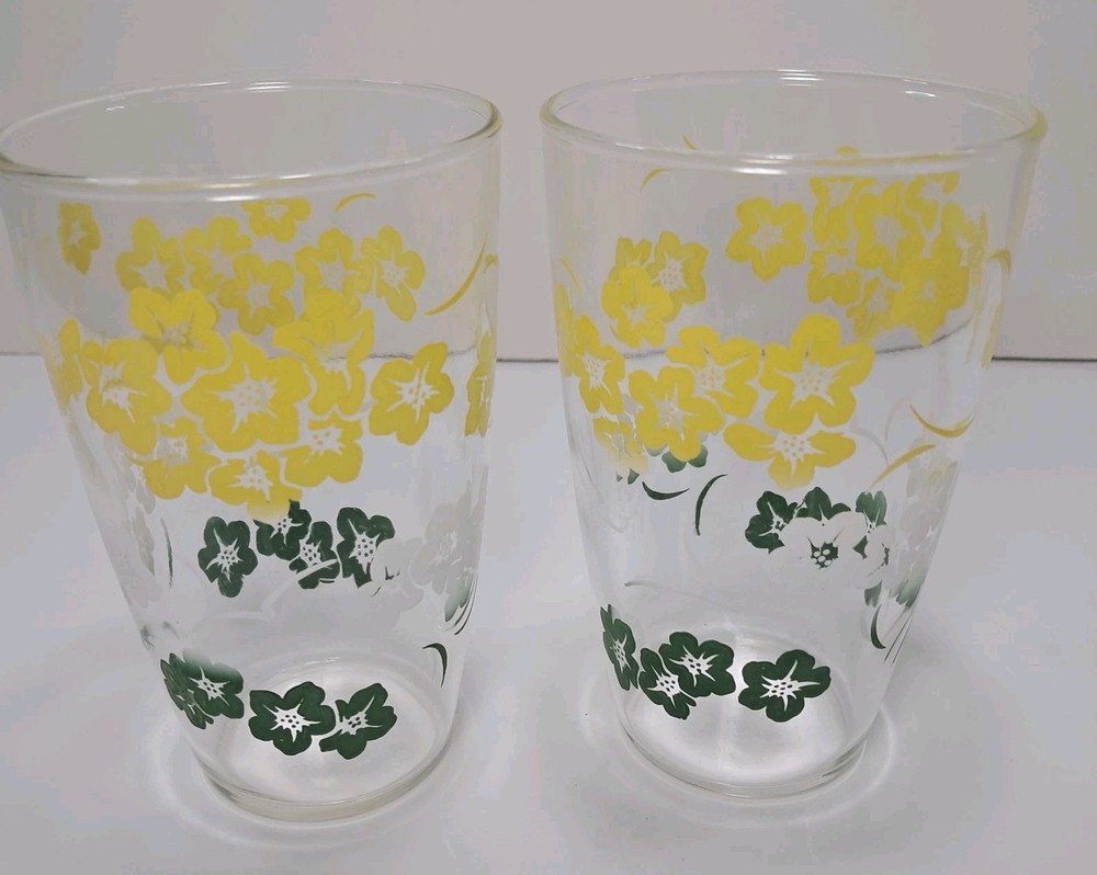 Mid Century 12 oz Spring Floral Yellow White Green Drinking Glasses Set Of 2