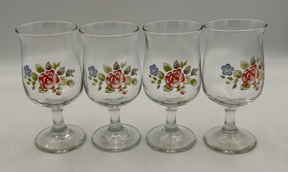 Libbey Tea Rose Goblets Set 4 Juice Wine Glasses 8 Oz Vintage Floral