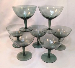 MCM Smokey Chrome Green Ribbed Champagne Glasses Libbey? Set of 7