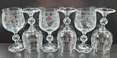 6) Import Assoc Cascade Wine Glass Set Vintage Clear Etch Stemware Retro Bar Lot