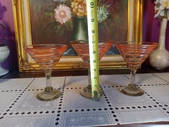 Large Hand Blown Retro Orange Swirl Art Glass Martini/ Margarita Glasses Set-3