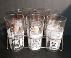 Vintage Hazel Atlas 5 Amish Butterprint & 1 Colonial Tumblers In MCM Drink Caddy