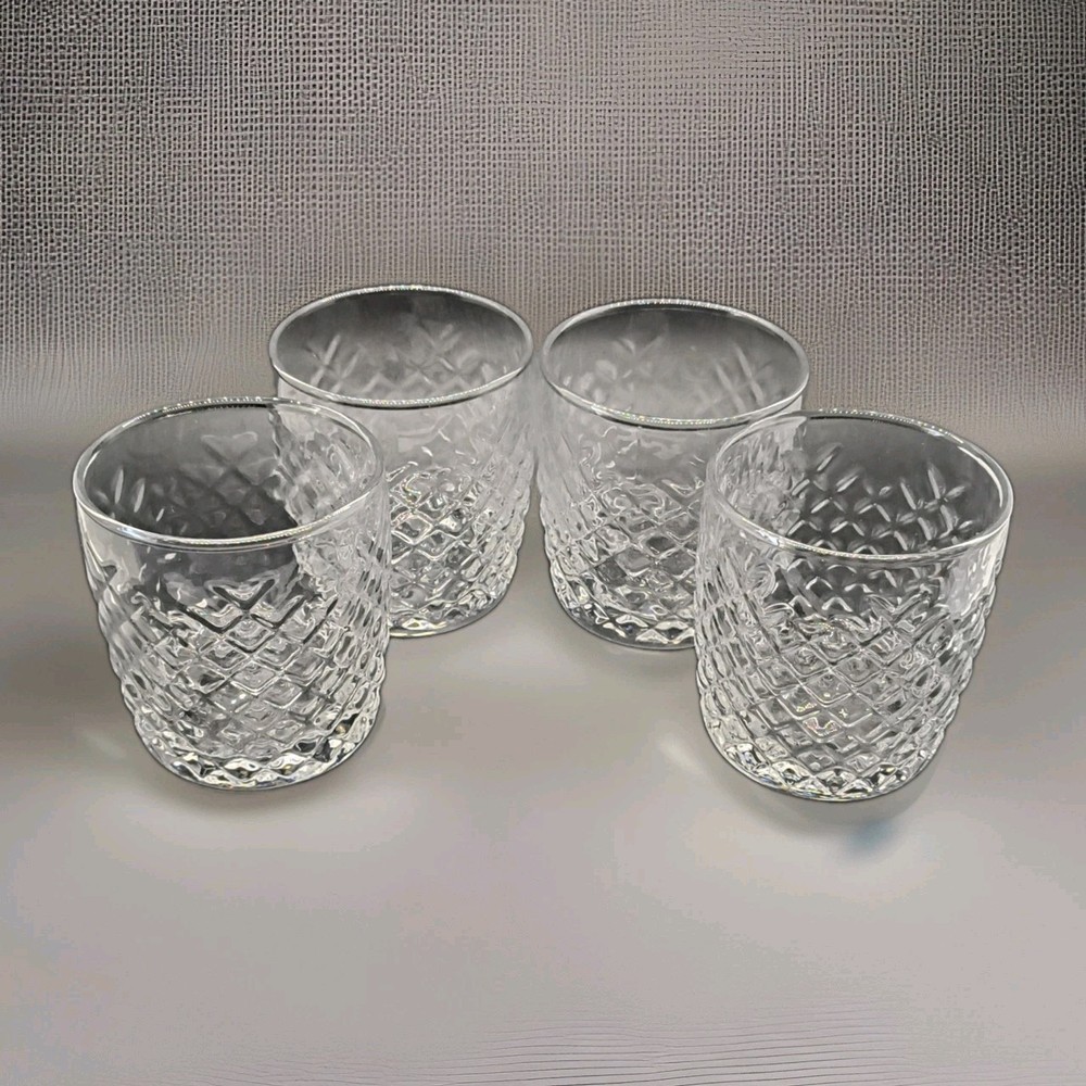 Set of 4 Clear Pressed Glass Tumbler Glasses Diamond Pattern Round 3.5″ x 3.25″