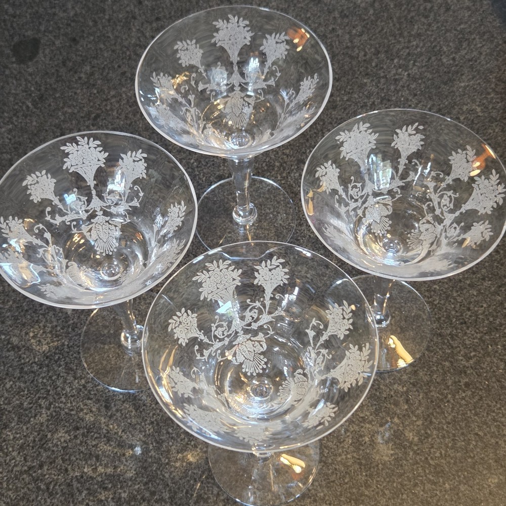 Morgantown Glass «Mayfair» Etched Champagne Glasses Set of 4 Art Nouveau Style