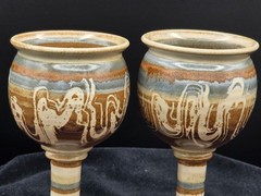 Pair Studio Art Pottery Goblets Hand Thrown Brown Blue Sgraffito Wine Chalices