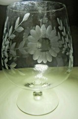 Flower Leaves & Stem Etched Wheel Cut 6″ Tall Blown Glass Brandy Snifter