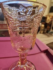 Indiana Glass Pink Tiara Last Supper Cross Chalice Wine Goblet – 7″ Tall