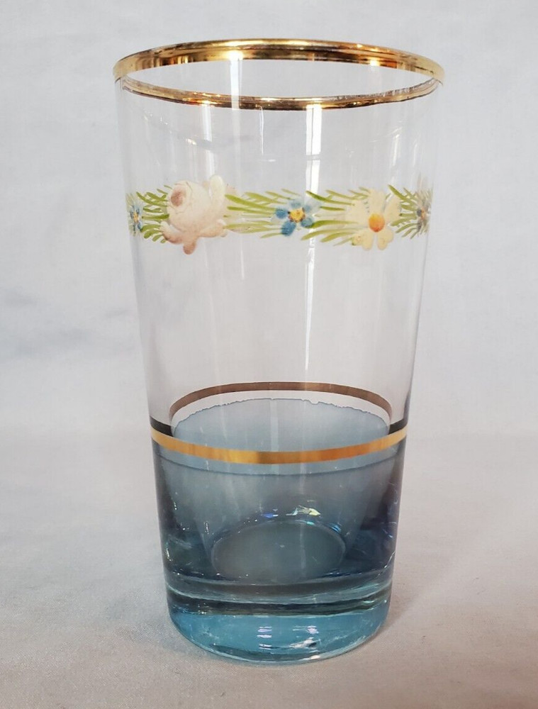 Antique Ombre Blue to Clear Tumbler, Gold Rim and Flower Design